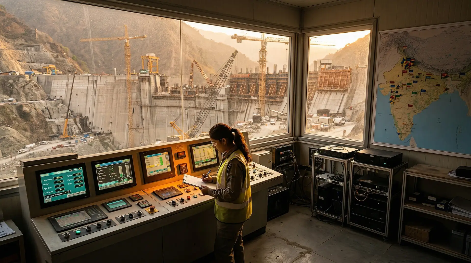 Bird's-eye view down a Himalayan river valley showing a massive concrete gravity dam under construction with tower cranes, a sprawling worker camp, batching plant silos, cement truck convoy on switchback mountain roads, and teal-green river, illustrating the scale of India's concurrent hydropower construction pipeline and the workforce demand for concrete technology specialists