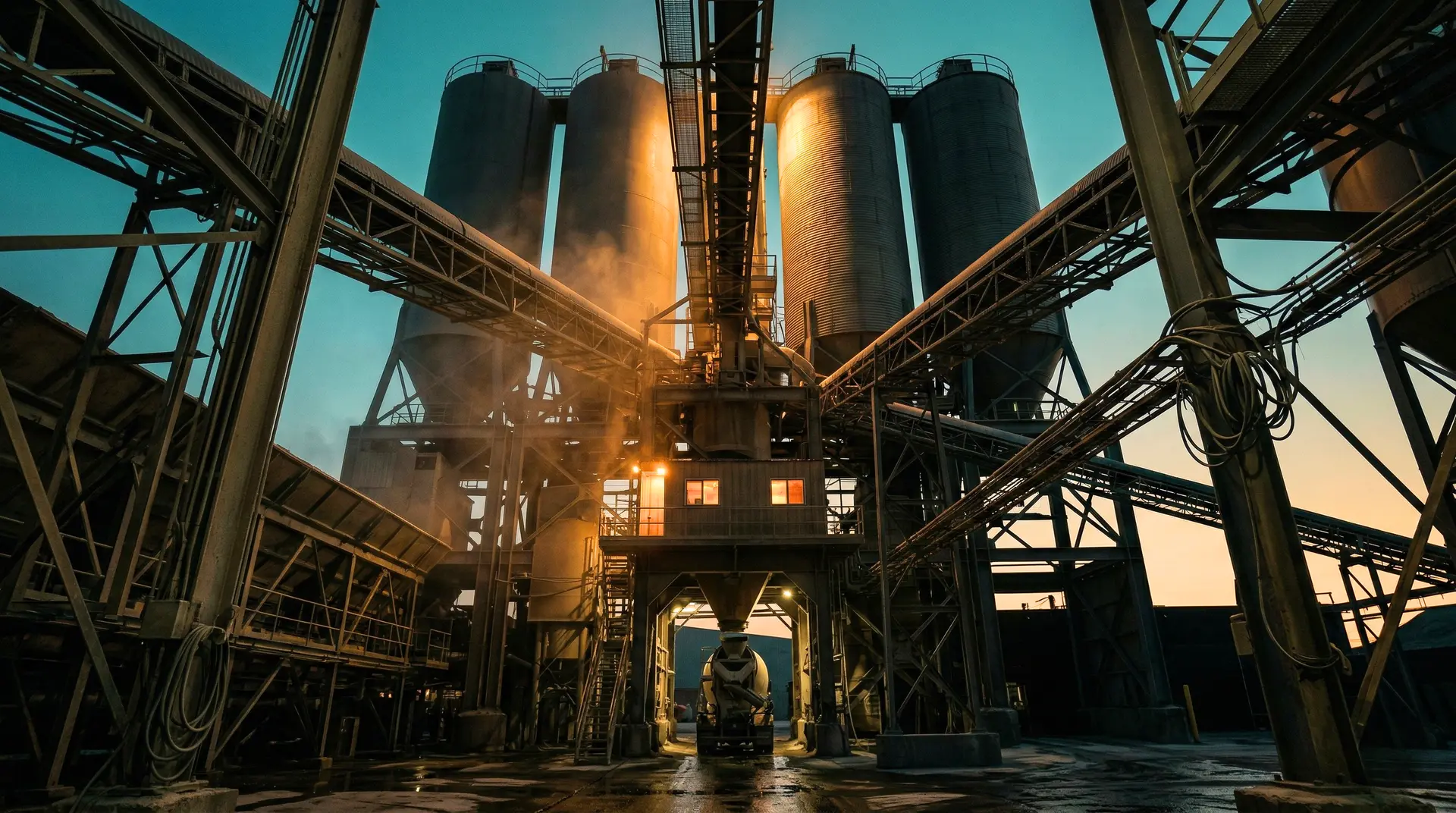 Industrial concrete batching plant at twilight with towering cement silos, aggregate conveyors, and mixing tower silhouetted against a dusk sky, representing the massive concrete production infrastructure India must scale to deliver 51 GW of pumped storage hydropower projects by 2032