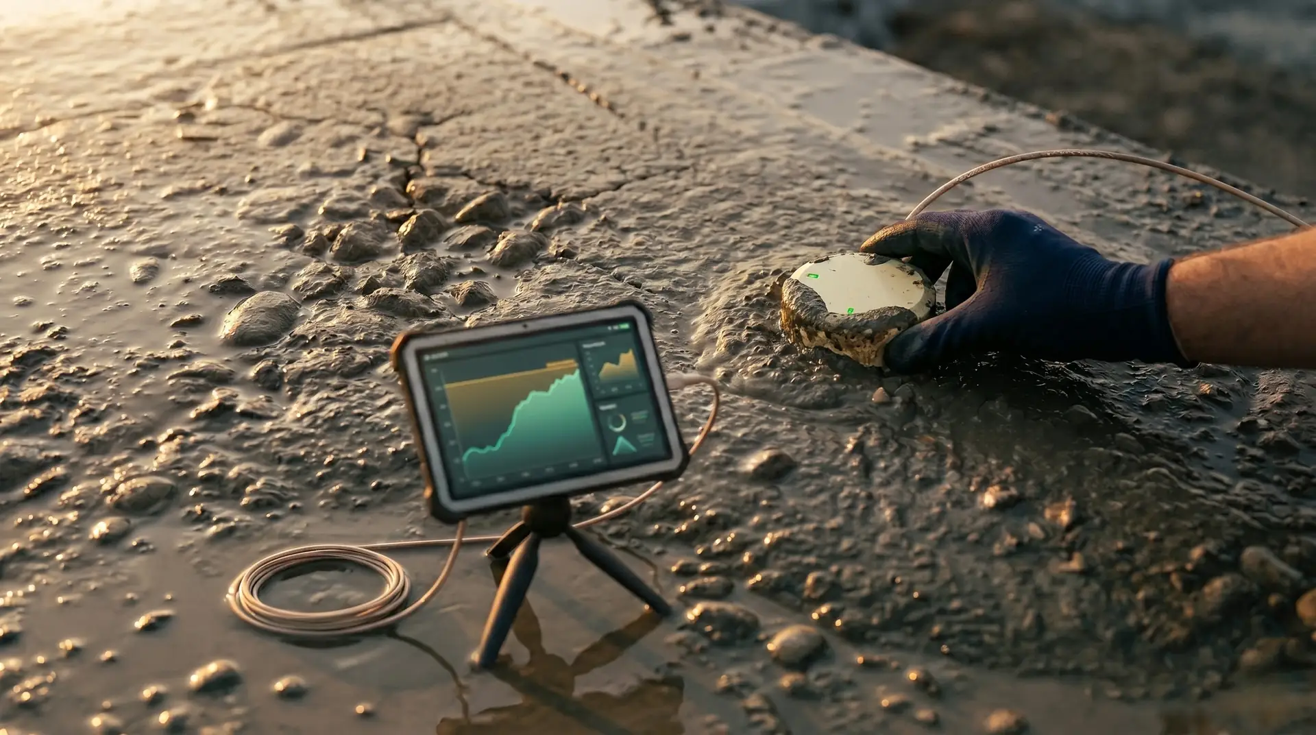 Wireless IoT concrete sensor being pressed into fresh wet mass concrete on a dam construction site, with bleed water visible on the surface, a tablet on a tripod displaying a real-time temperature curing dashboard, and a coiled coaxial cable nearby.
