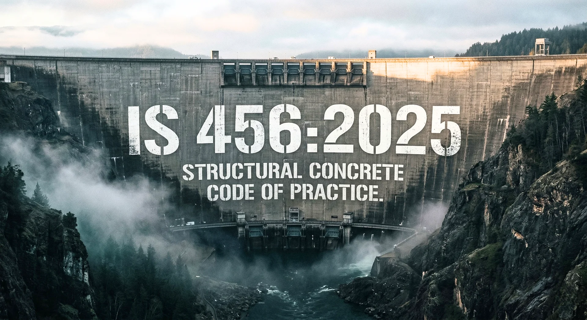 IS 456:2025 draft revision document on an engineer's desk with concrete dam blueprints and test specimens, representing India's biggest structural concrete code update by the Bureau of Indian Standards (BIS) introducing six limit states, RCC provisions, and performance-based durability design for dam and infrastructure engineers