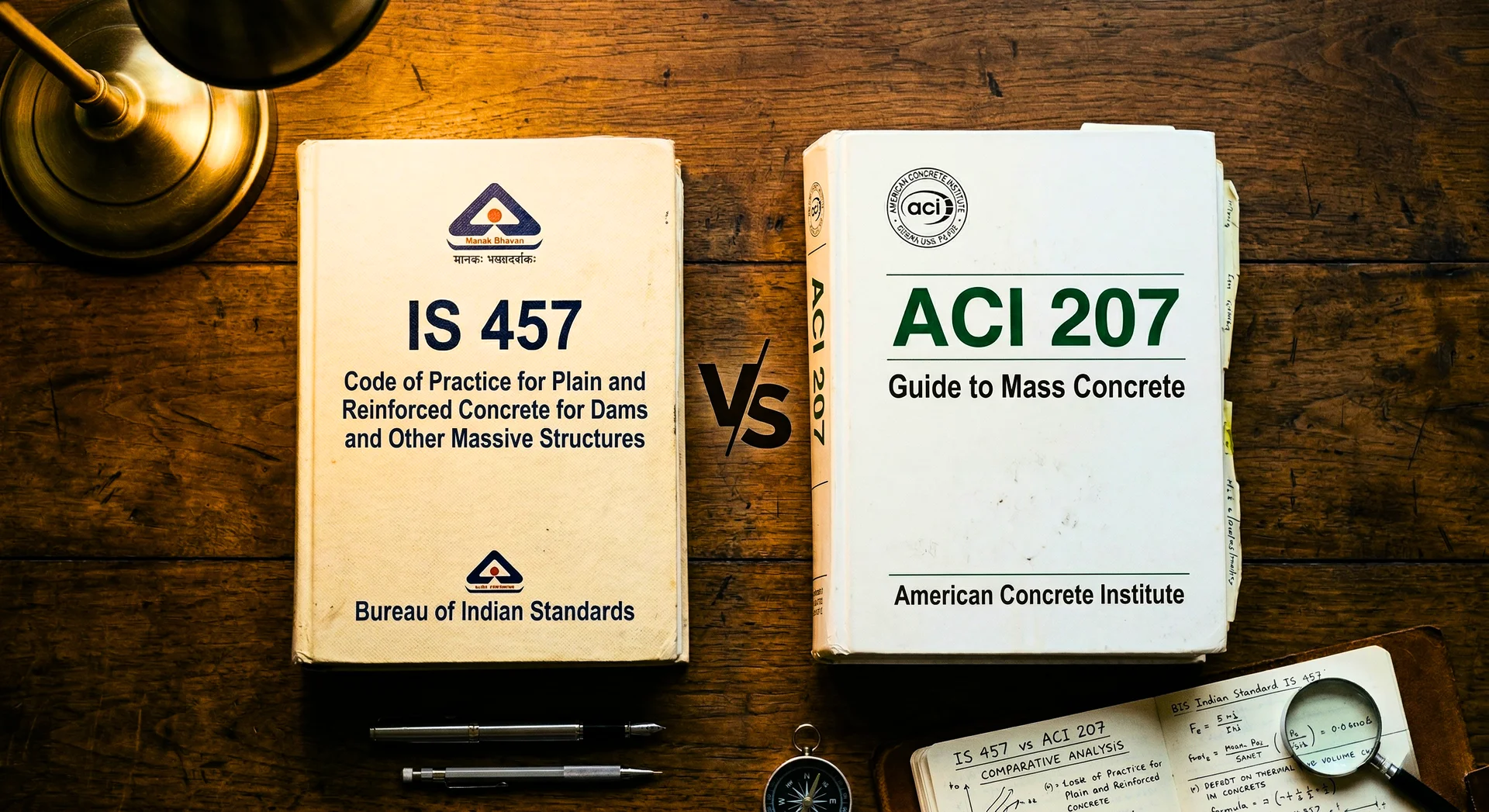 Overhead photograph of IS 457 (Bureau of Indian Standards Code of Practice for Plain and Reinforced Concrete for Dams) and ACI 207 (American Concrete Institute Guide to Mass Concrete) standards books placed side by side on an engineer's desk with a comparative analysis notebook, illustrating the gap between Indian and international mass concrete standards for hydroelectric dam construction
