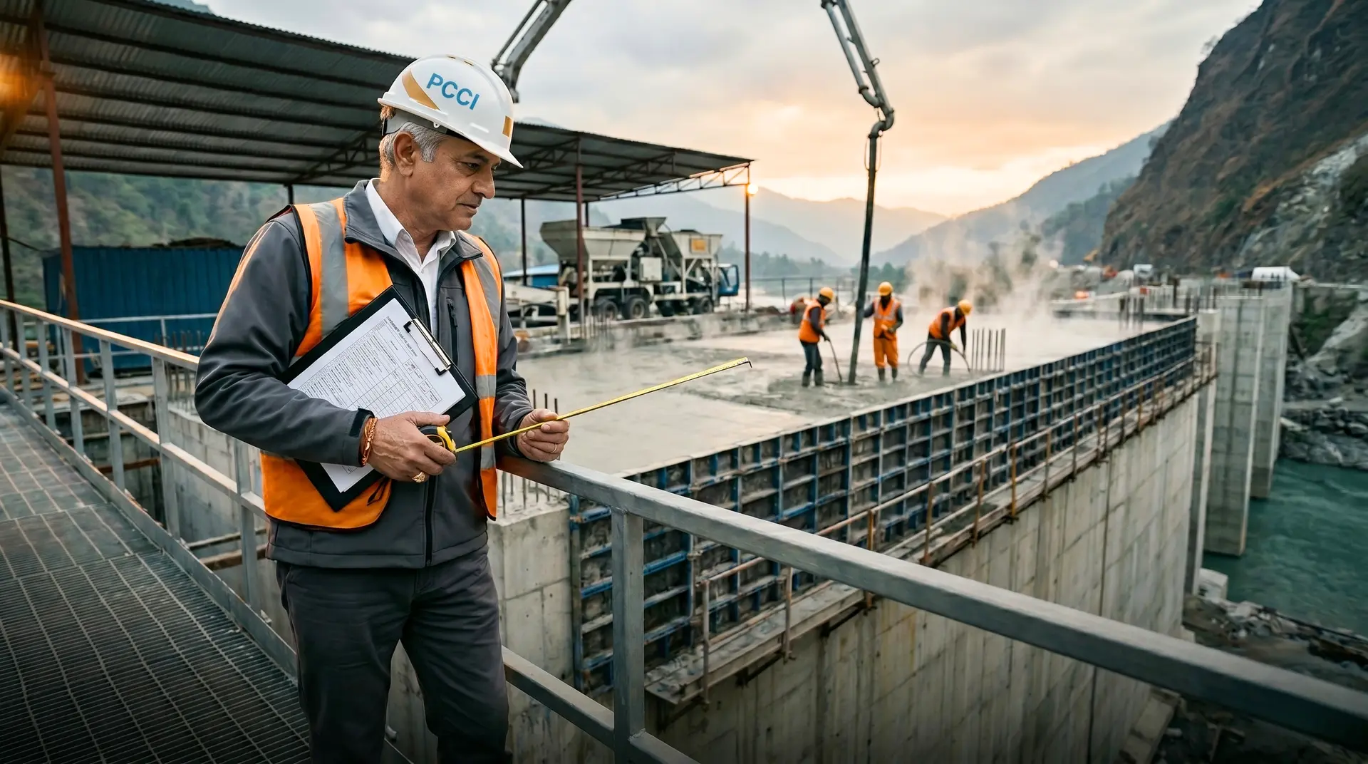 Senior independent reviewer in white helmet and amber high-vis vest watches workers place mass concrete with a placing-pump boom at a Himalayan hydropower dam construction site at twilight, clipboard and tape in hand — the Lender's Technical Advisor verification role.