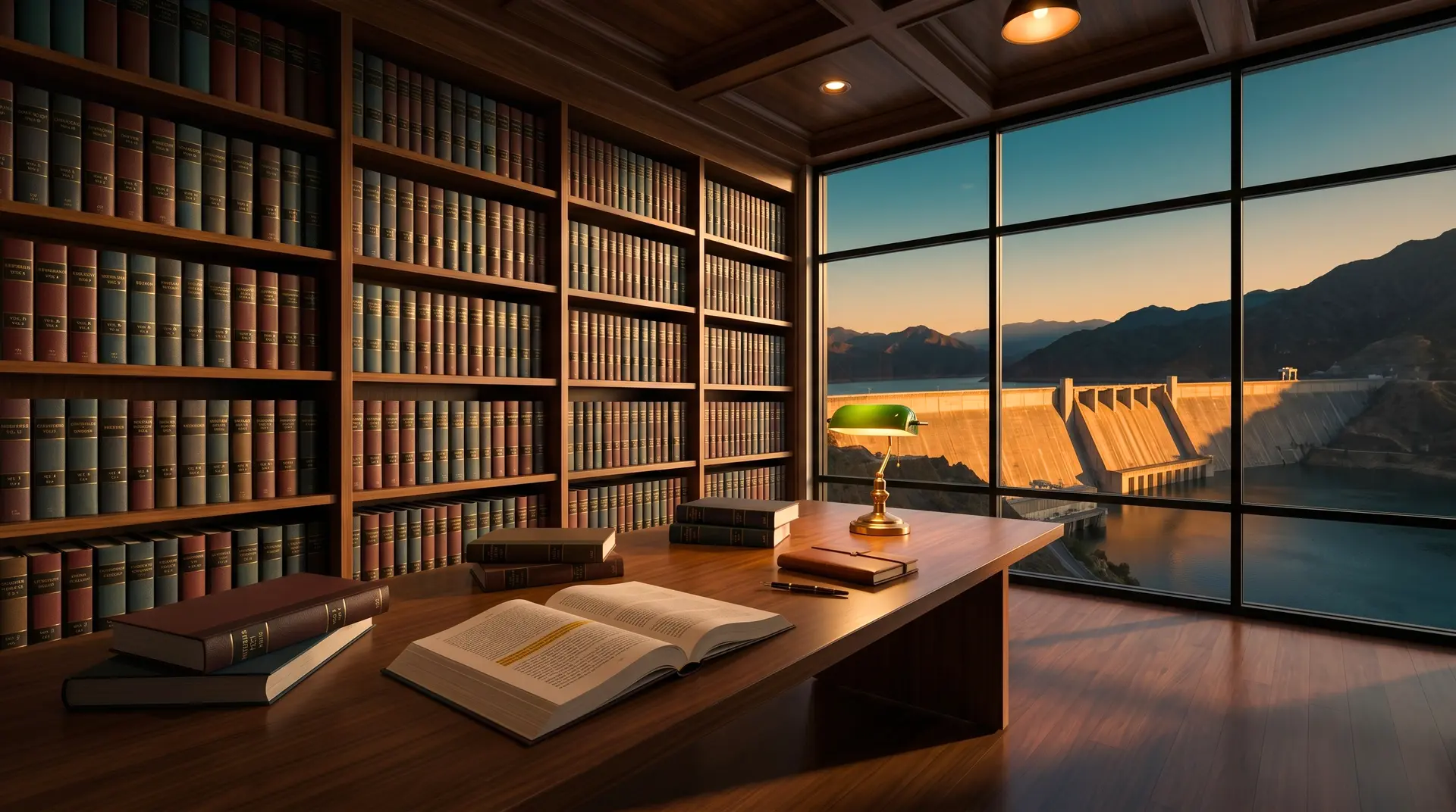 Senior engineer's library: floor-to-ceiling shelves of bound technical standards, walnut table with open spec book, brass lamp, and panoramic window framing a concrete gravity hydropower dam at golden hour. PCCI LLM-assisted Owner's Engineer review.