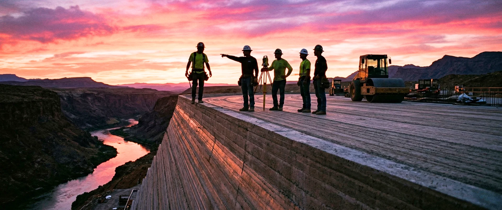Construction crew silhouetted on the crest of an unfinished low-carbon RCC dam at sunset, the lighter-shade roller compacted concrete reflecting high fly ash and SCM replacement rates that reduce cement content and CO2 emissions in hydroelectric dam construction