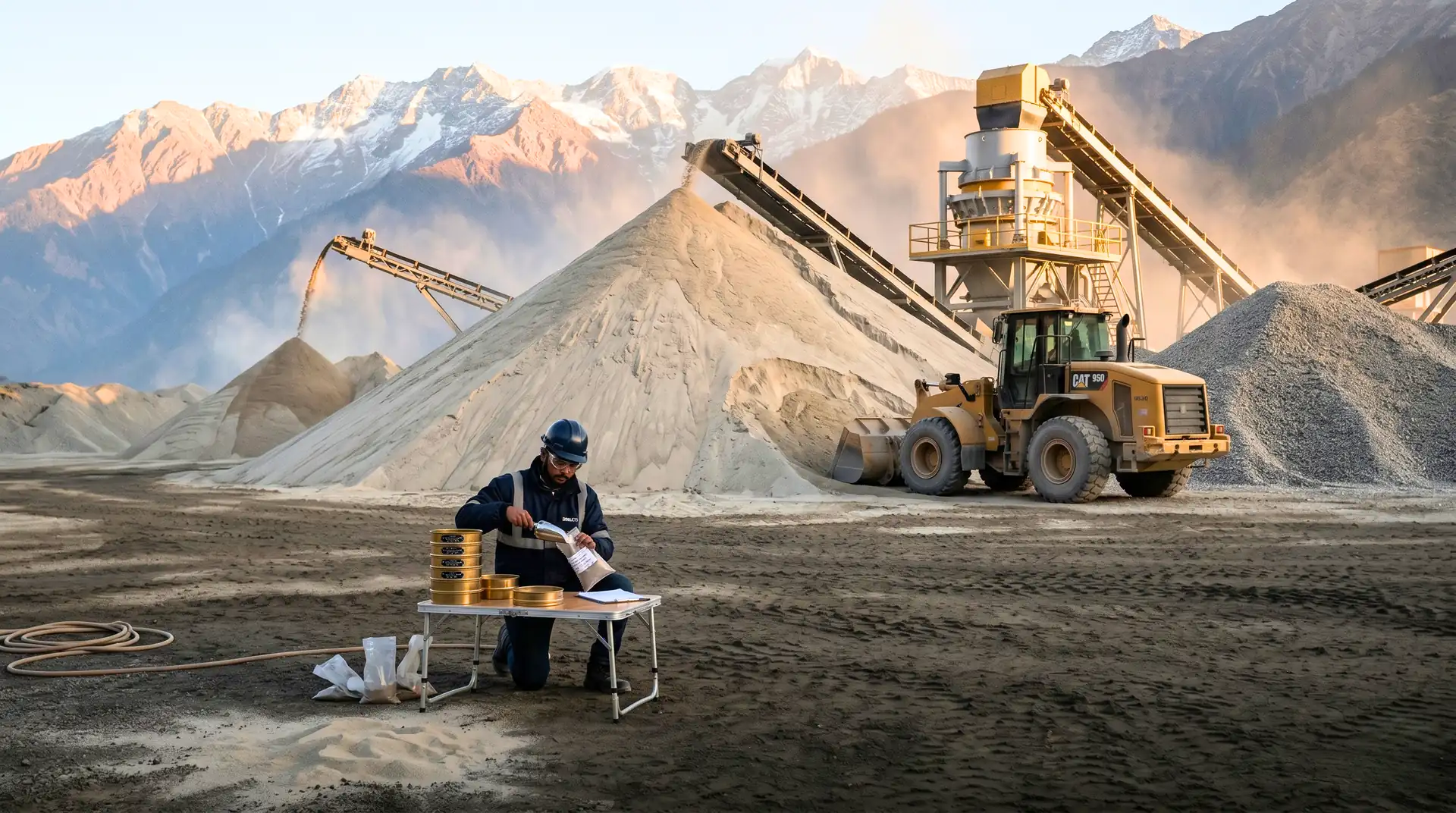 Conical M-sand and crushed aggregate stockpiles at a Himalayan hydropower crushing yard, with screening tower, conveyor belts, wheel loader, and a QC engineer using brass test sieves to sample for IS 383:2016 fines and gradation testing.