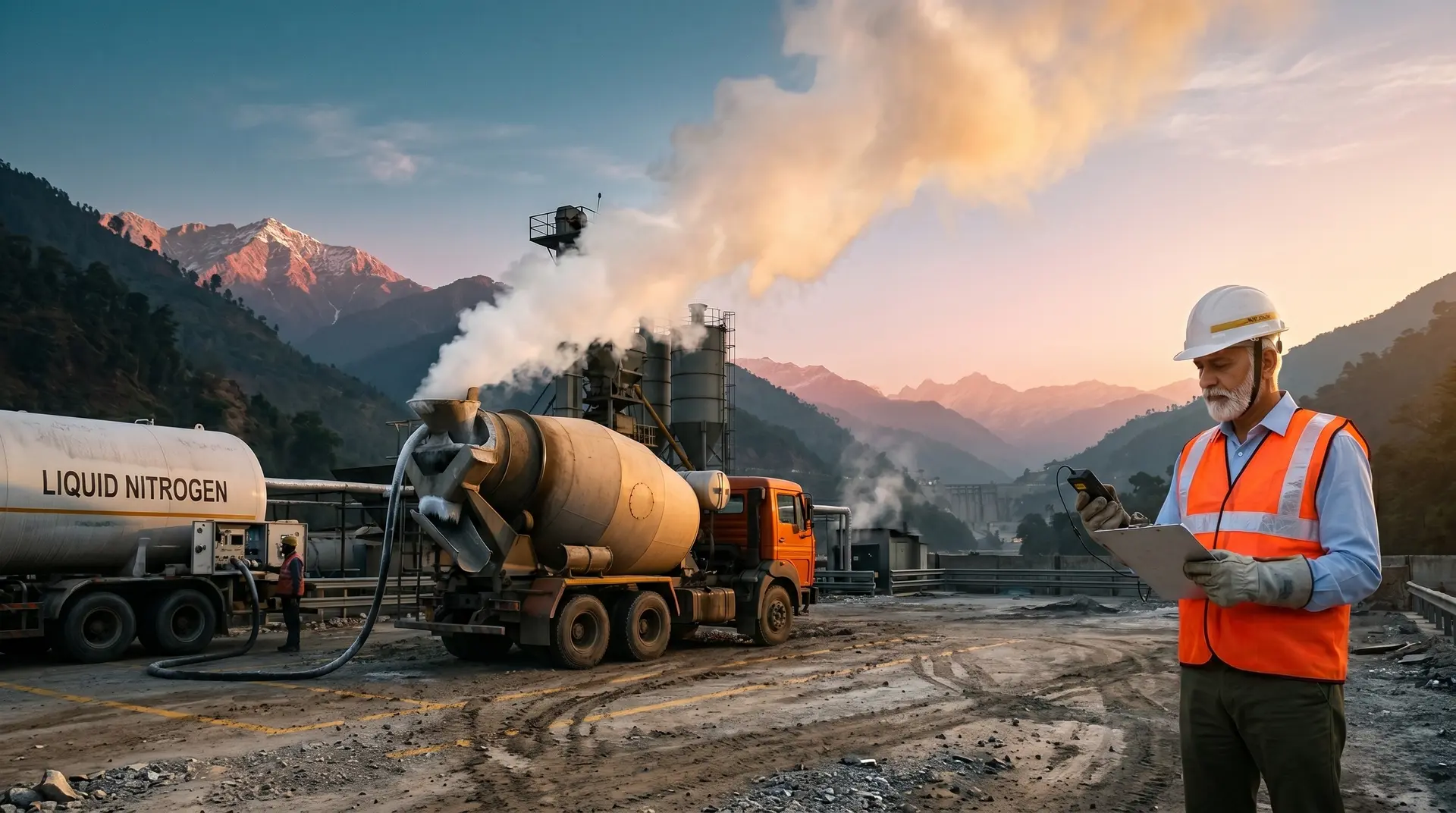 Senior Indian concrete engineer monitoring liquid nitrogen pre-cooling injection into a transit mixer drum at a Himalayan hydropower batching plant at dawn, illustrating IS 14591 pre-cooling methods for mass concrete thermal control.