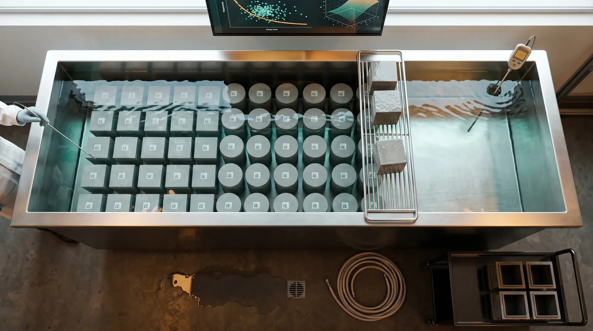 Top-down view of a concrete curing tank at a dam project QC lab with 150 mm cast cubes and compression-test cylinders tagged by QR code, beside a machine-learning Pareto-front optimization dashboard, showing PCCI's AI-augmented mix design workflow.