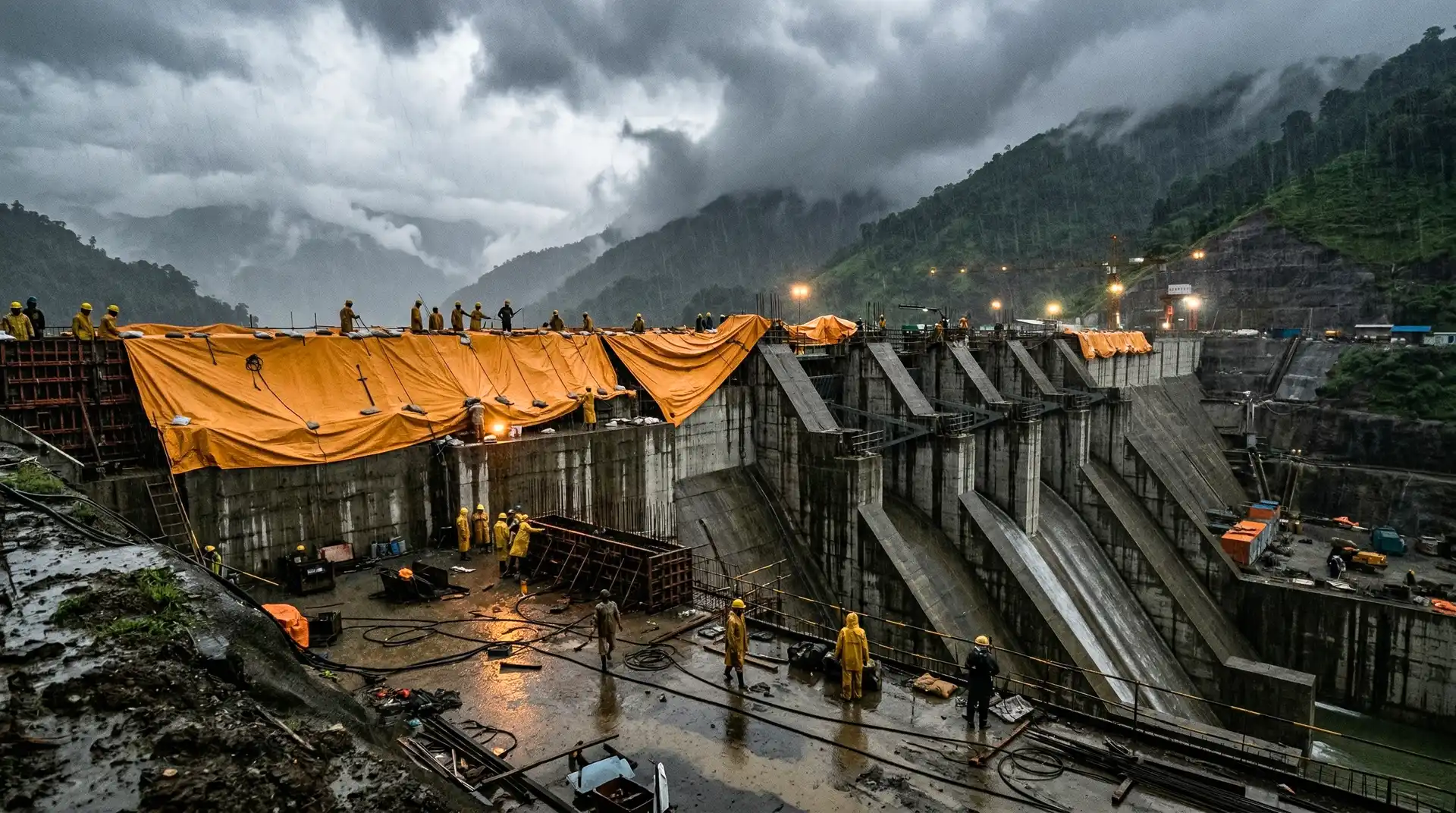 Concrete gravity dam under construction during Indian monsoon, with orange tarpaulins protecting freshly placed lift surfaces, workers in yellow rain gear securing covers on the dam crest, site floodlights piercing monsoon clouds over green Himalayan hills, illustrating monsoon concreting challenges in hydropower dam construction