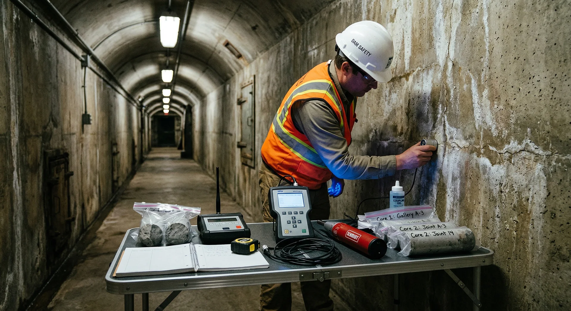 Dam safety engineer conducting ultrasonic pulse velocity (UPV) non-destructive testing inside a concrete dam inspection gallery, with NDT instruments including Schmidt rebound hammer, ground penetrating radar antenna, and concrete core samples on a portable equipment table, representing the five essential concrete assessment methods every dam owner should know for structural integrity evaluation under India's Dam Safety Act 2021