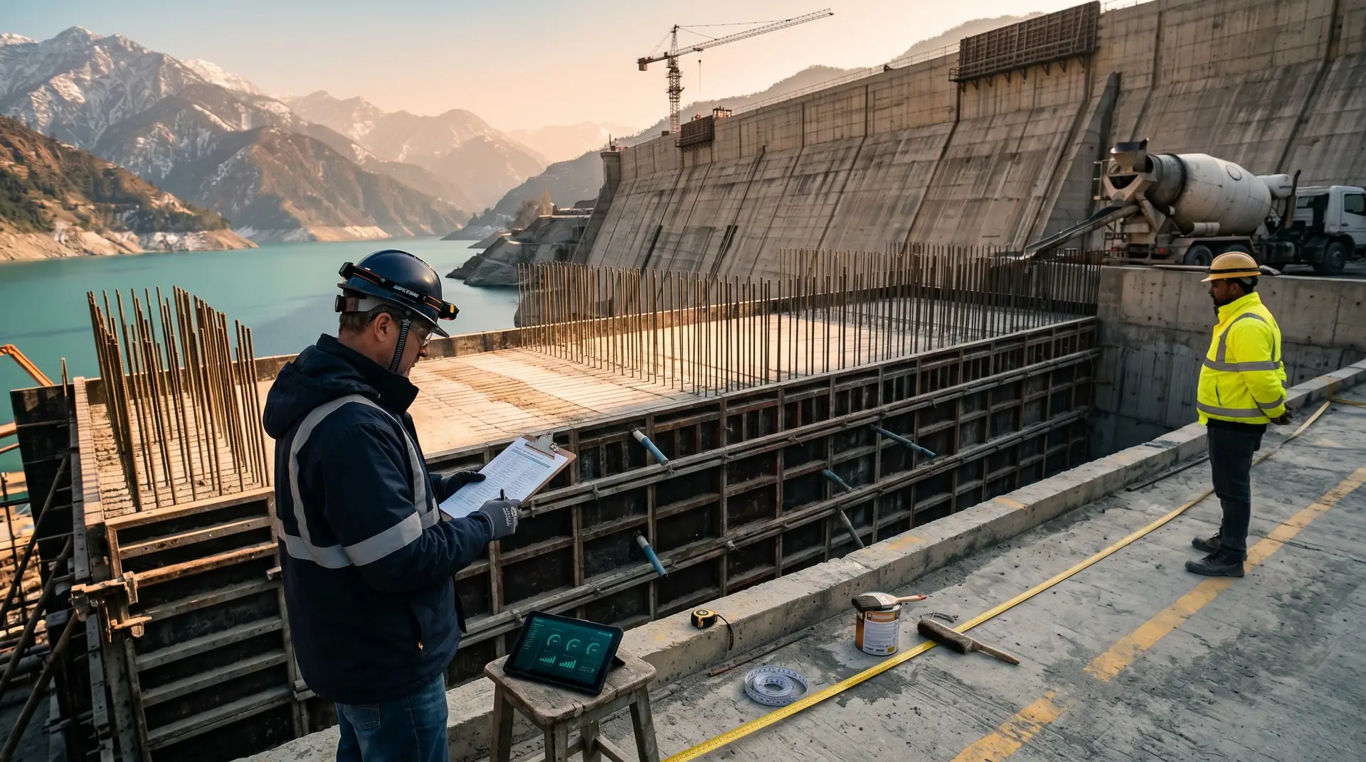 Owner's Engineer in dark navy hi-viz performing pre-pour readiness check on a hydropower dam lift, clipboard and tablet visible, with a contractor's engineer in safety yellow waiting nearby and the dam plus Himalayan ridges in the background.