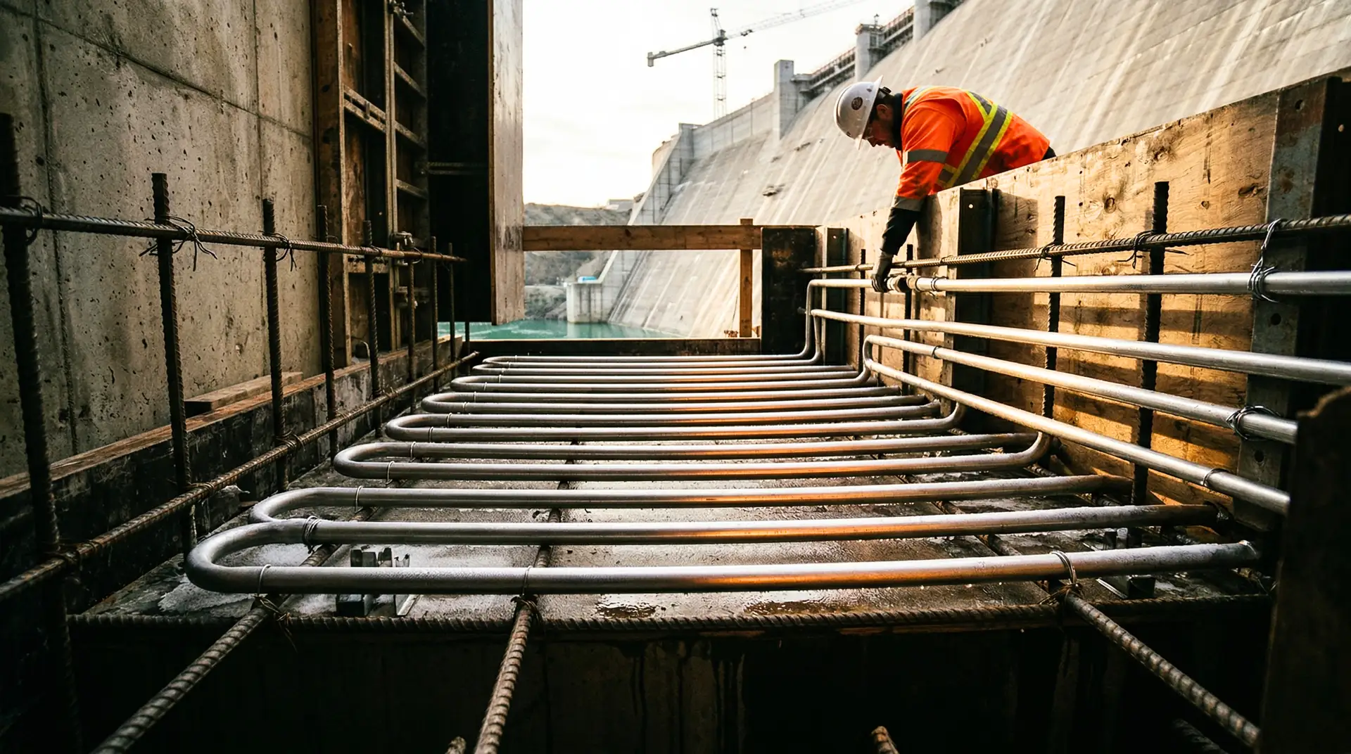 Close-up inside dam formwork showing a serpentine grid of 25mm steel cooling pipes tied to reinforcement, with a worker in orange safety vest checking connections and a tower crane visible against overcast sky, illustrating embedded post-cooling pipe installation for thermal control in mass concrete dam construction