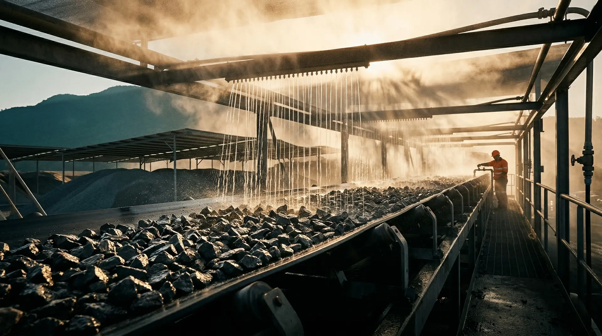 Chilled water spraying over coarse basalt aggregate on a conveyor belt at a dam construction site, backlit golden-hour mist rising from the cooling process with a worker in orange high-visibility vest adjusting a valve, mountains visible through the haze, illustrating aggregate pre-cooling methods for mass concrete temperature control