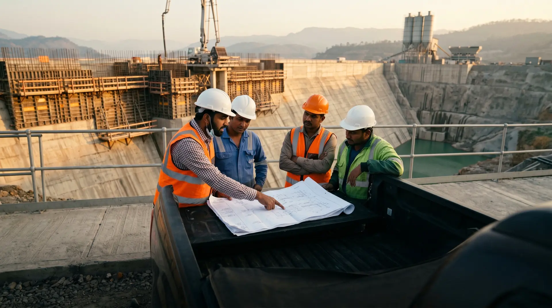 Four engineers in hardhats reviewing a concrete pour plan on a pickup truck tailgate during a pre-pour meeting at a Himalayan dam construction site, with rebar cages, formwork, and batching plant silos visible. PCCI concrete placement consulting.