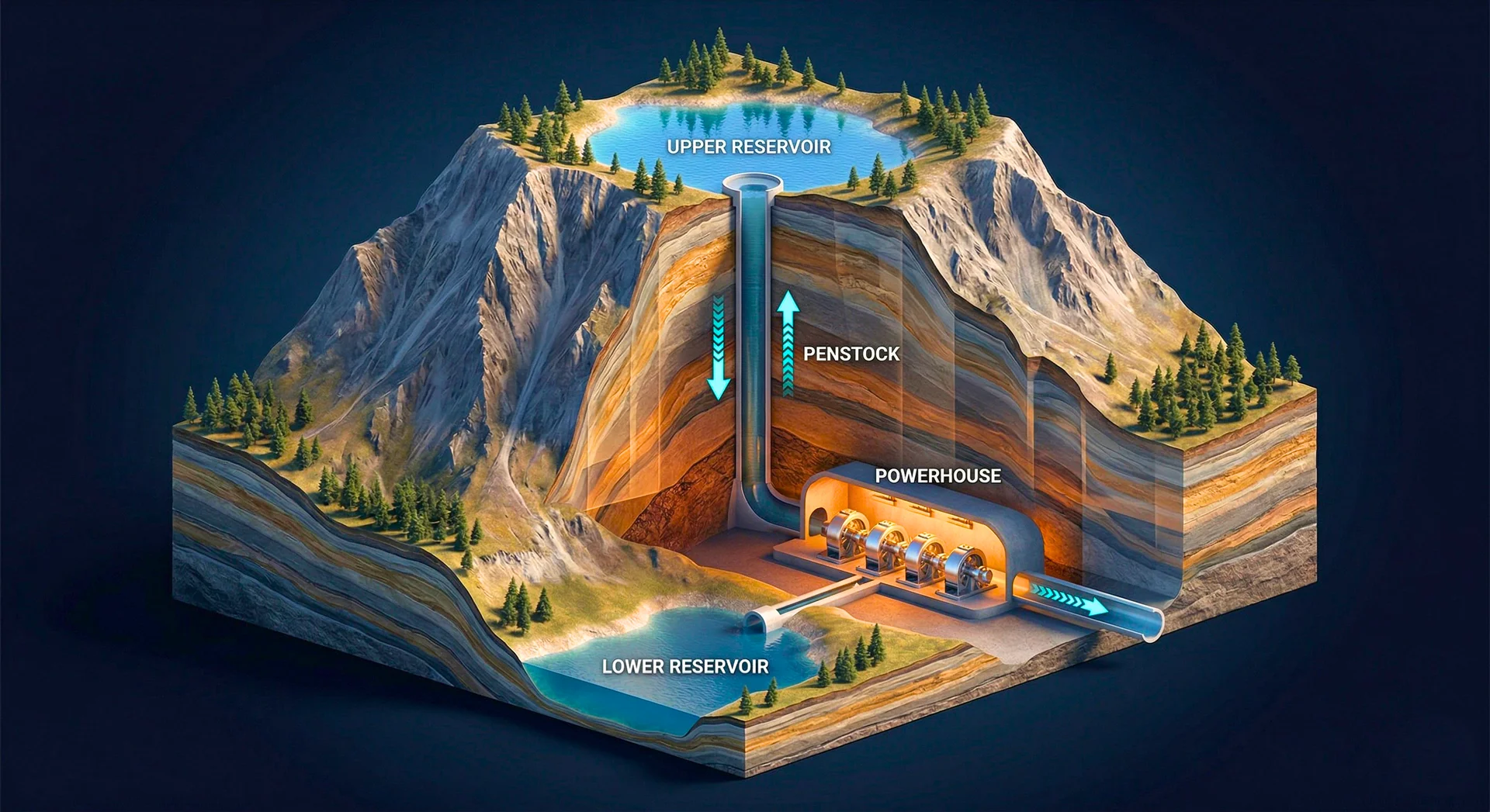 3D isometric cross-section illustration of a pumped storage hydropower system showing upper reservoir, vertical penstock shaft through geological strata, underground powerhouse cavern with turbine generators, and lower reservoir connected by tail race tunnel, representing India's 100 GW pumped storage ambition requiring advanced concrete technology for RCC dams, pressure tunnels, and underground structures