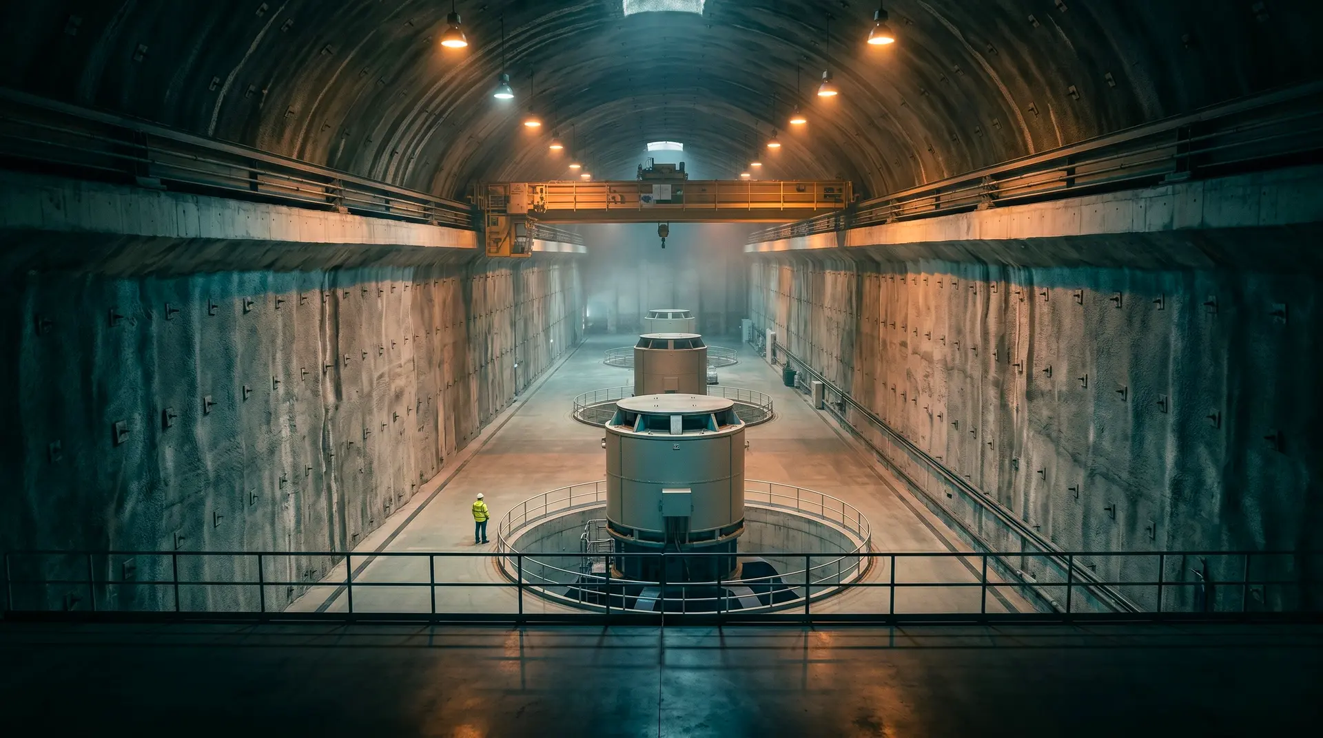 Underground pumped storage machine hall with three vertical-axis pump-turbine-generator units on circular concrete pits, shotcrete walls with rock bolt anchors, overhead EOT crane, and engineer in high-visibility jacket for scale, showing the monumental concrete engineering unique to pumped storage hydropower projects