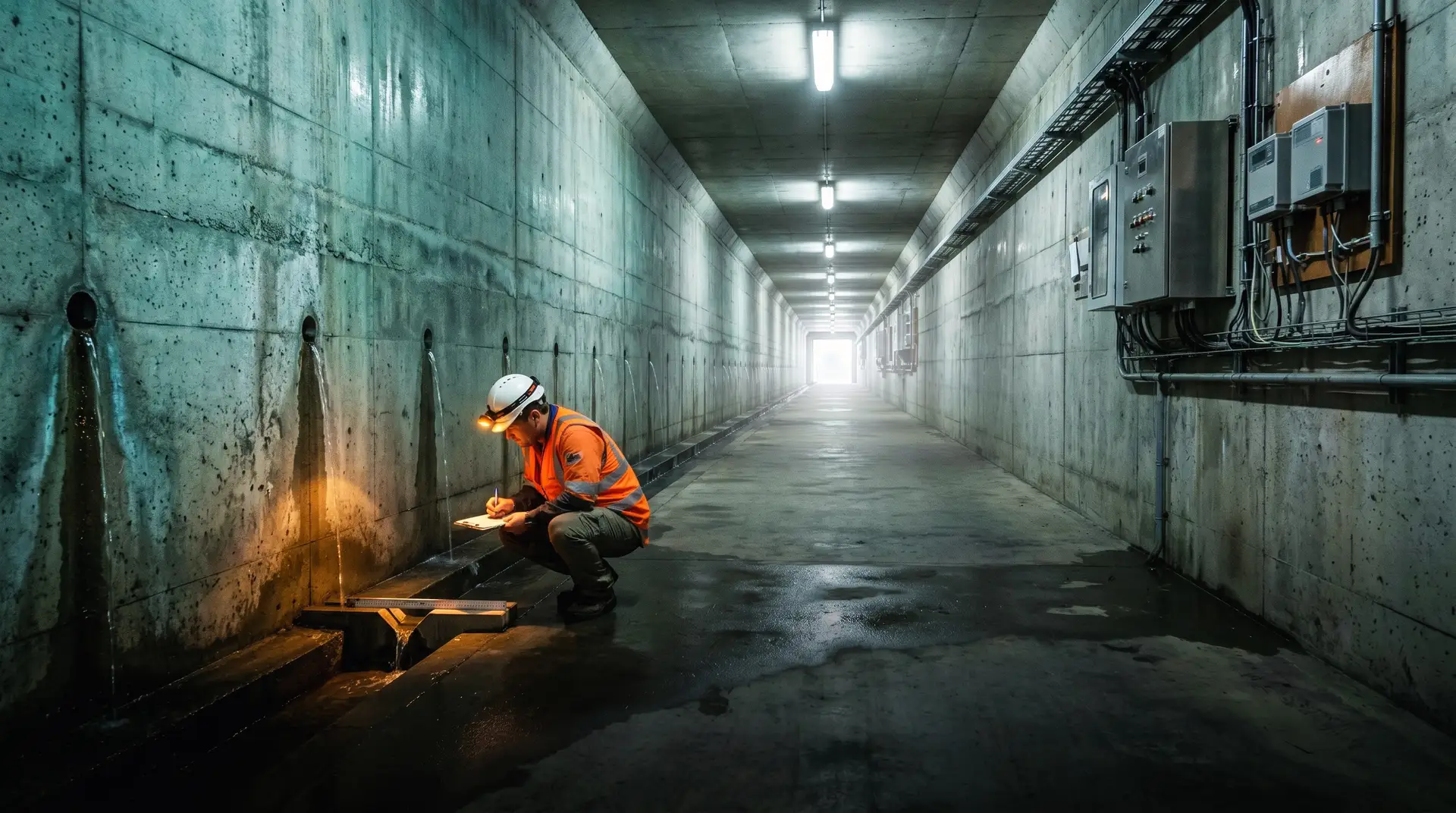 Engineer in orange high-vis vest recording seepage measurements at a V-notch weir inside a rectangular concrete drainage gallery of an RCC dam, with drain holes and teal-green mineral staining on walls, representing dam seepage monitoring and control