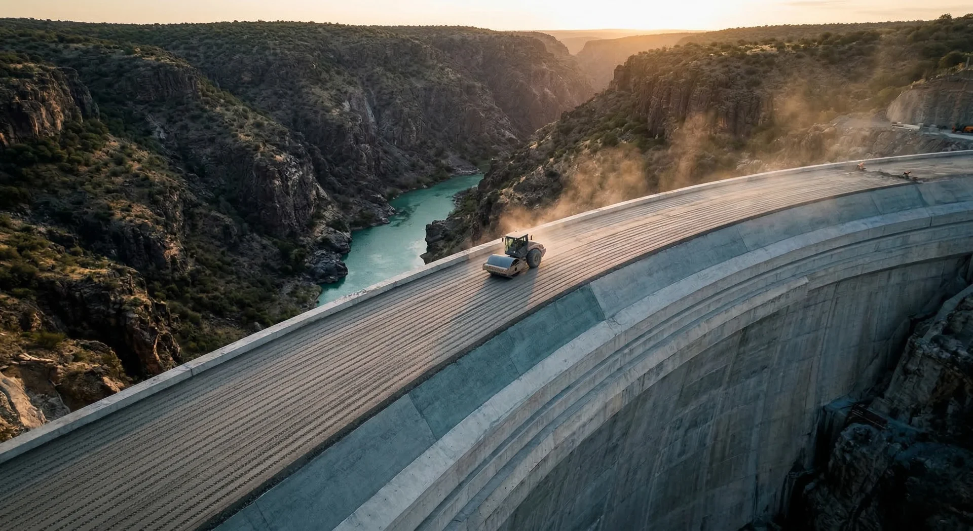 Aerial drone view of a massive RCC dam under construction showing distinct horizontal lift joints between roller compacted concrete layers, with compaction equipment and conveyor systems visible against a dramatic sunset sky