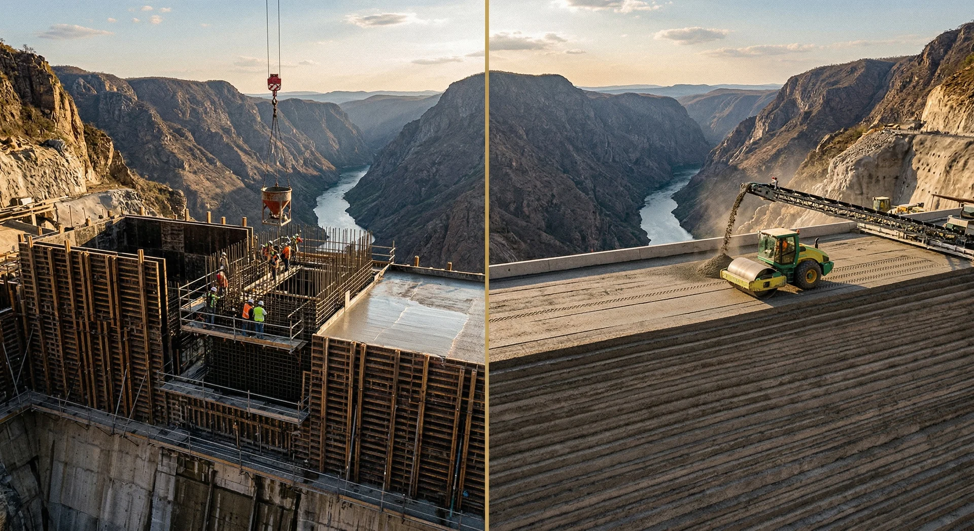Split-screen aerial view of dam construction comparing conventional vibrated concrete (CVC) with formwork, crane bucket placement, and rebar cages on the left versus roller compacted concrete (RCC) with vibratory drum roller compacting a thin lift on the right, showing the fundamental difference between the two primary methods for building concrete gravity dams in hydroelectric and large-scale infrastructure projects