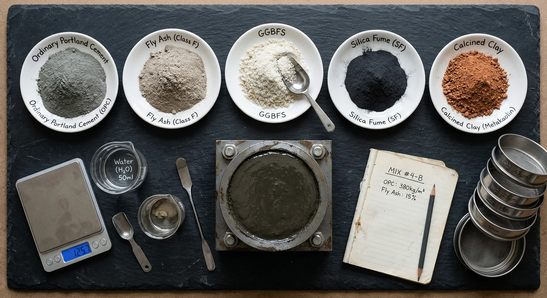 Overhead laboratory flat-lay of five supplementary cementitious materials for dam concrete on ceramic plates: ordinary Portland cement (OPC), Class F fly ash (IS 3812/ASTM C618), ground granulated blast furnace slag GGBFS (IS 16714/ASTM C989), silica fume (ASTM C1240), and calcined clay metakaolin for LC3 cement, alongside a fresh concrete cube specimen in steel mold, digital weighing scale, sieve stack, and mix design notebook showing trial mix proportions for mass concrete in hydroelectric dam construction