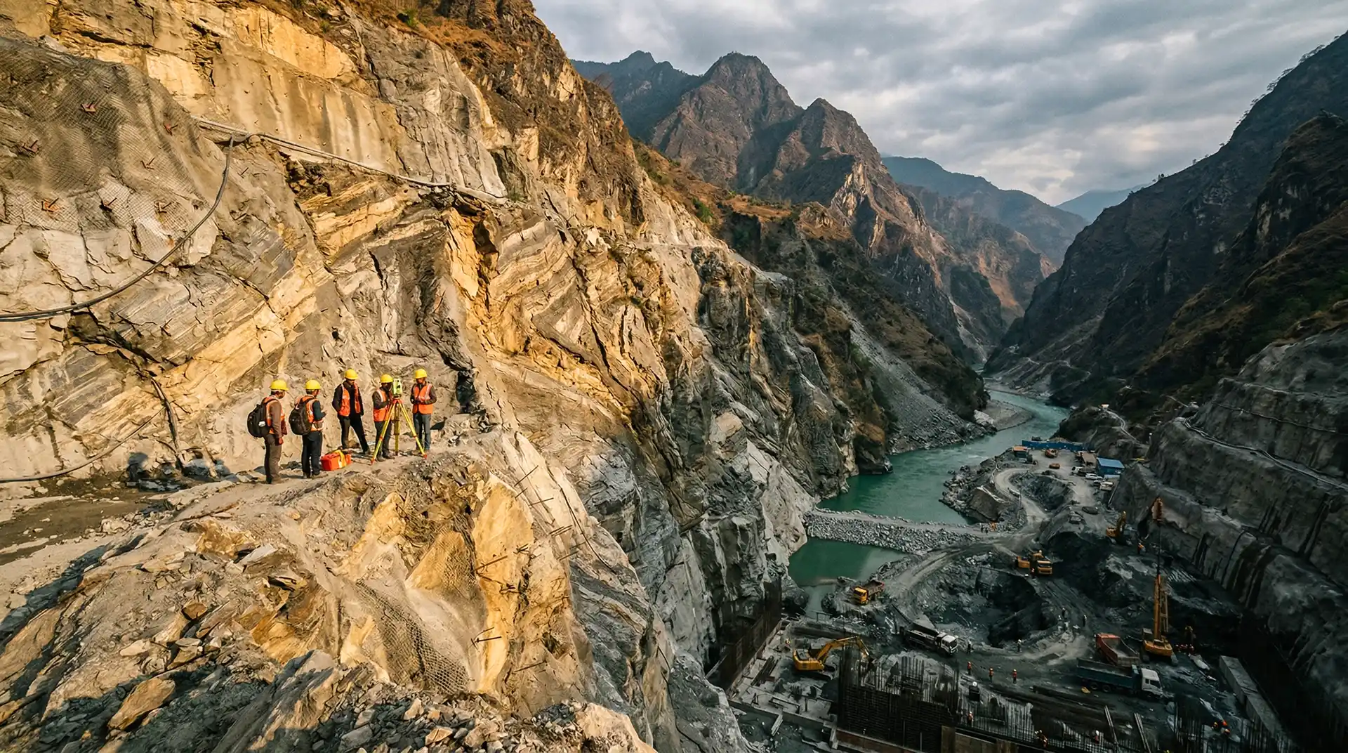 Concrete gravity dam in a Himalayan river gorge with tectonic fault lines visible in the rock formation, illustrating the seismic design challenges for dam concrete construction in India's Seismic Zones IV and V