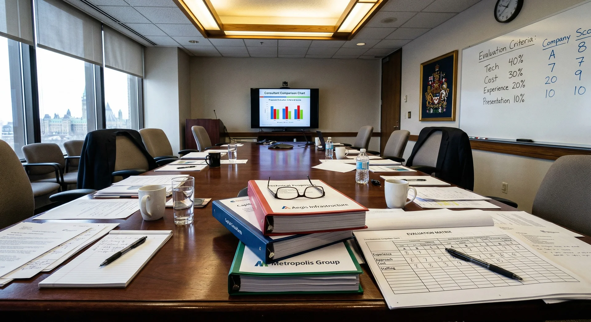 Government procurement evaluation meeting for concrete technology consultant selection showing technical proposals, scoring matrix with evaluation criteria, and comparison presentations on a conference room table, representing the decision-stage process of hiring a specialist concrete consultant for hydroelectric dam projects