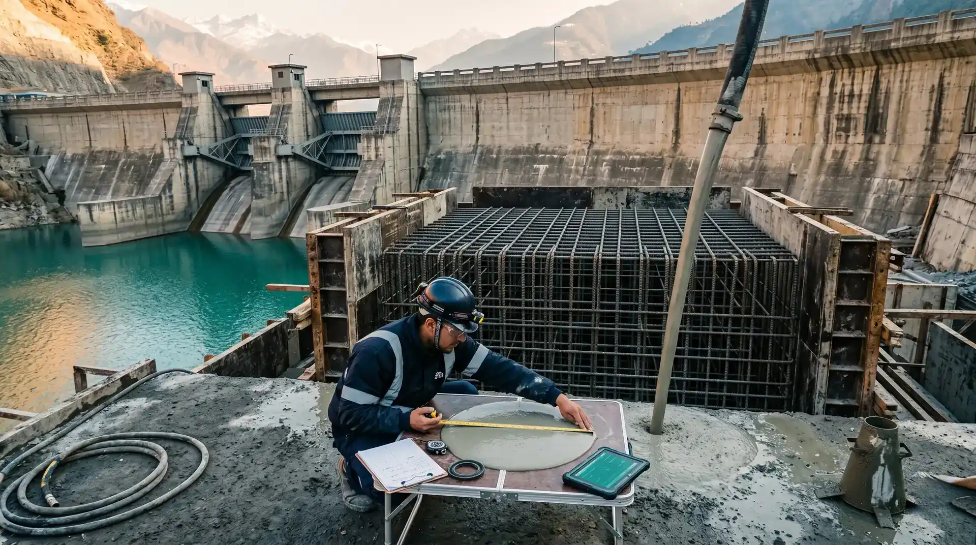Self-compacting concrete flowing freely around dense embedded steel and reinforcement in a hydropower powerhouse second-stage placement without vibration, with an EFNARC slump flow test spreading on a flat plate in the foreground.