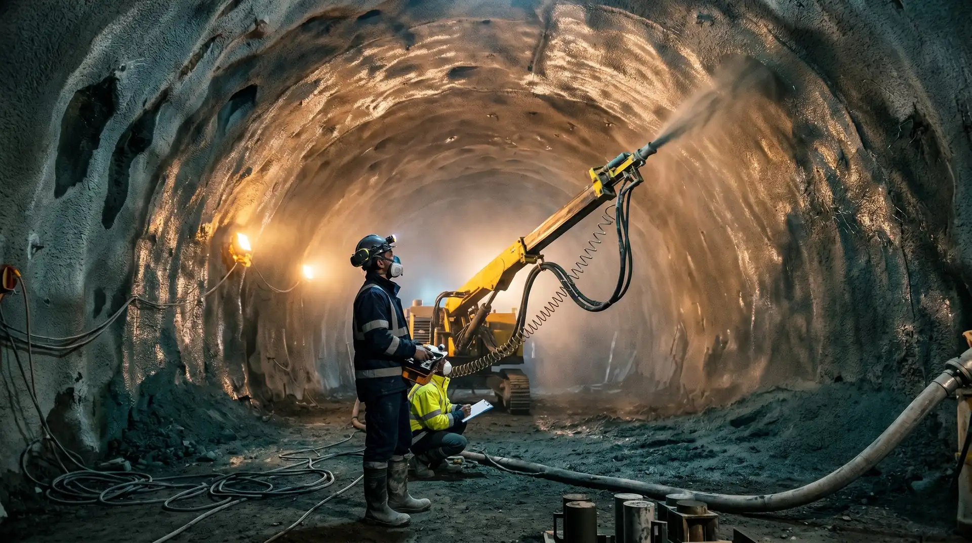 Robotic shotcrete spraying arm in active wet-mix application inside a Himalayan hydropower tunnel, with operator in respirator holding remote console, and amber work lamps illuminating the freshly-sprayed crown surface.
