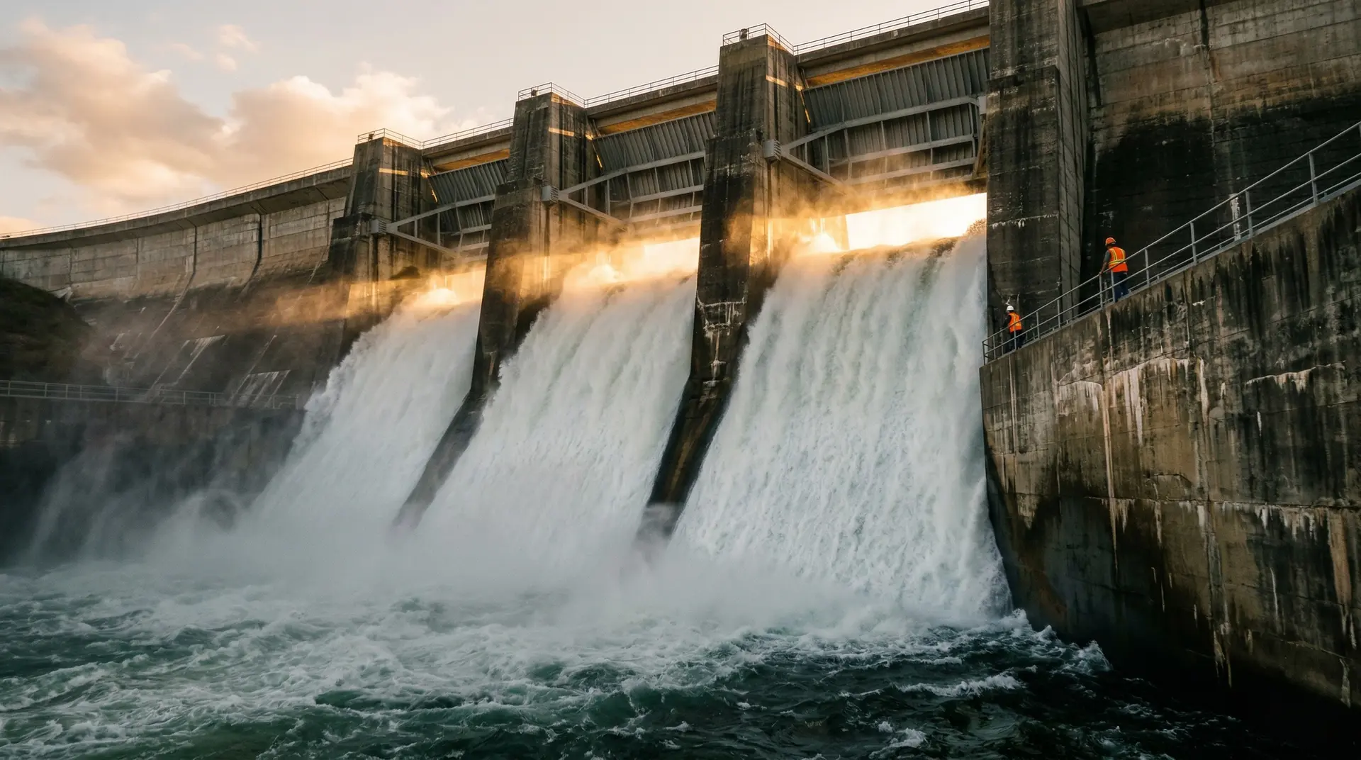 Massive concrete dam spillway discharging flood water through open radial gates at golden hour, with luminous mist rising above the crest and an engineer on a maintenance walkway for scale, illustrating the extreme conditions spillway concrete must resist