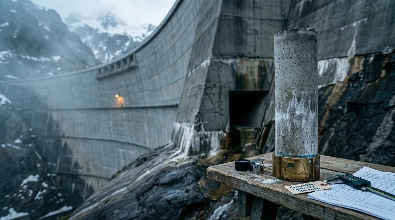 PCCI forensic investigation of sulfate attack on dam concrete: a core sample tagged 'Foundation Contact / SO4 zone' showing white efflorescence and surface cracking on an engineer's bench, with a Himalayan hydropower arch dam in cold mist.