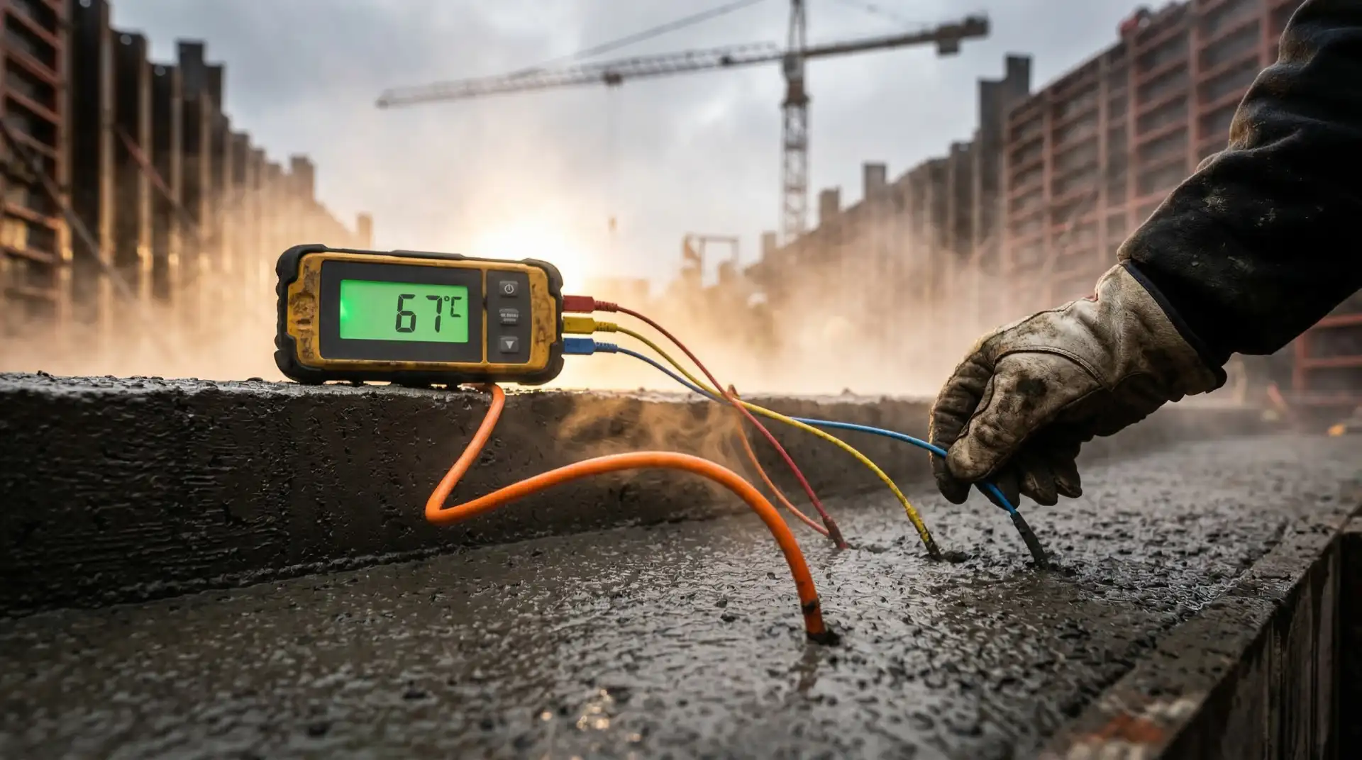 Thermocouple temperature data logger reading 67°C on freshly placed mass concrete during dam construction — PCCI thermal control monitoring with embedded sensors, steam rising from hydrating concrete, tower crane and formwork in background