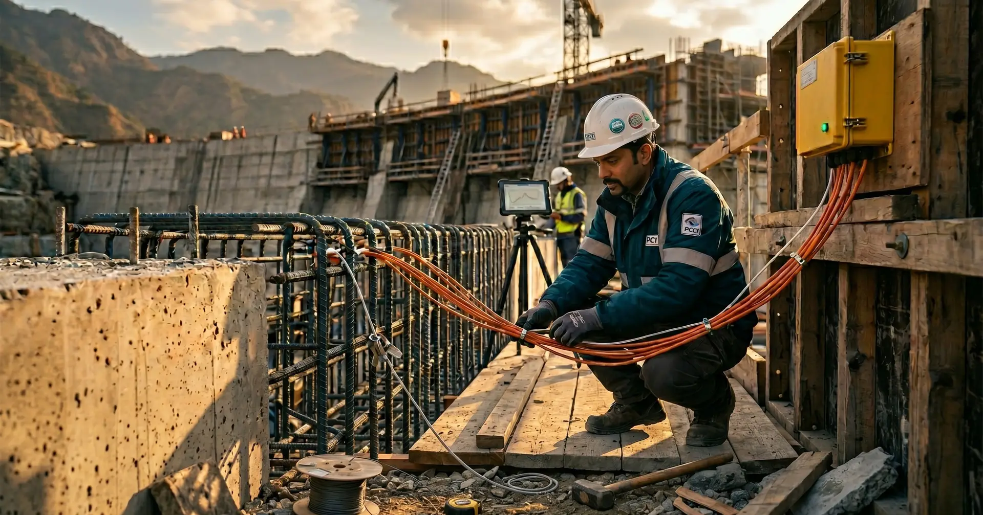 PCCI engineer installing thermocouple cables and fibre optic temperature sensors into a reinforcement cage and yellow data logger enclosure at a Himalayan mass concrete dam construction site, with a technician monitoring real-time temperature curves on a tablet in the background
