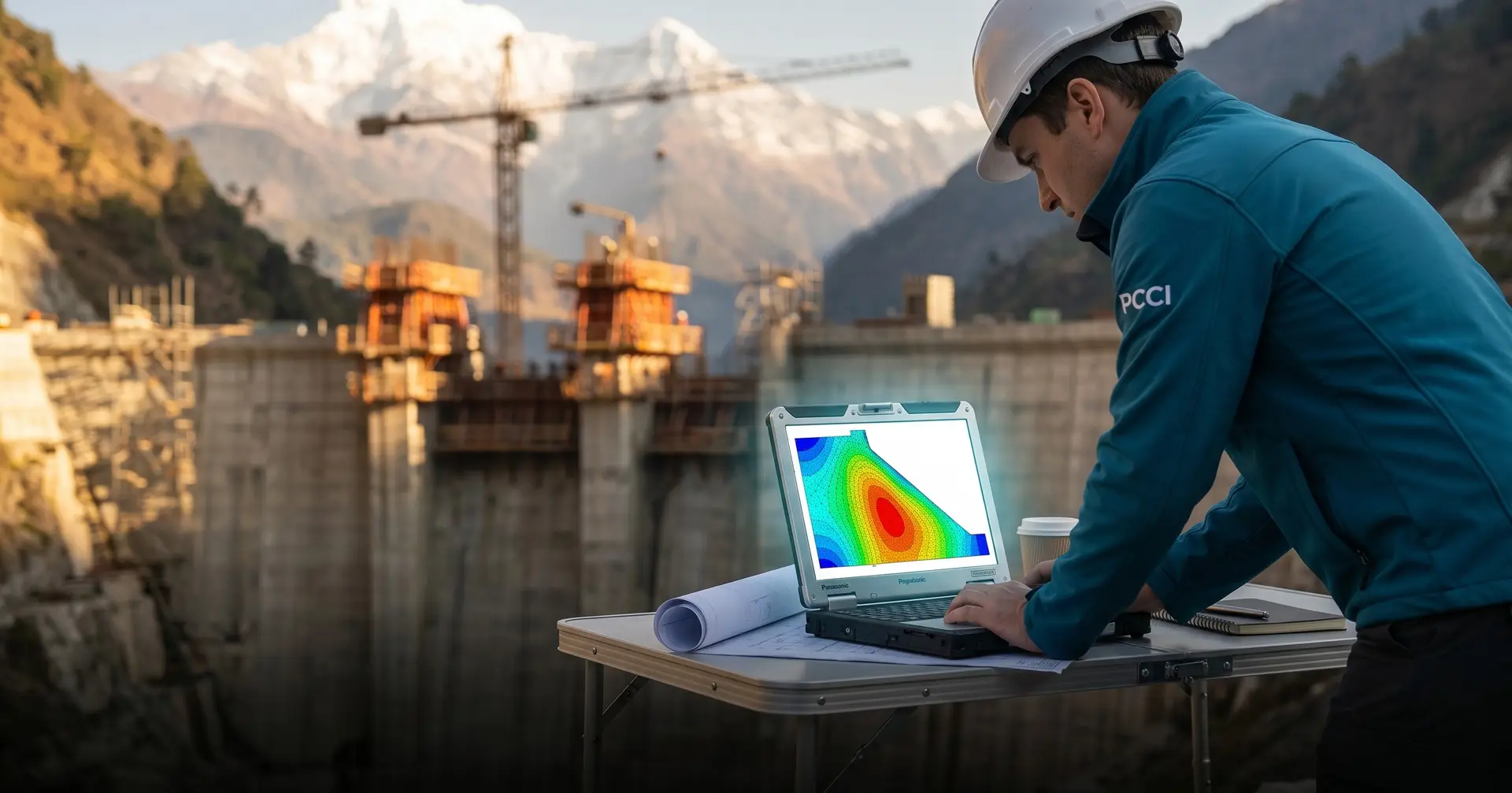 PCCI engineer reviewing a finite element thermal contour plot of a mass concrete dam cross-section on a ruggedised laptop at a Himalayan dam construction site, with formwork lifts, tower crane silhouette, and snow-capped peaks visible in the background under golden hour light