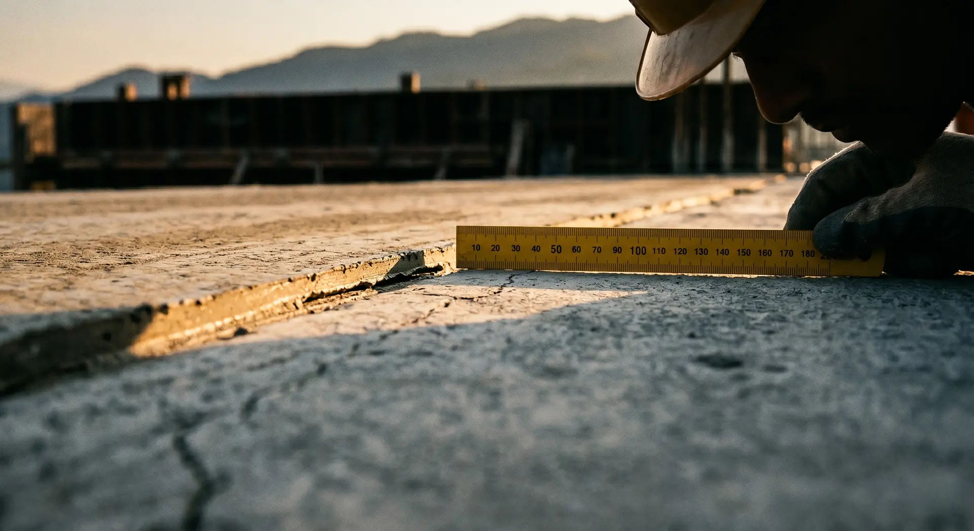 Low-angle forensic close-up at golden hour: an owner's engineer in hard hat and gloves measures bedding mortar across a prepared lift joint on a hydropower dam with a calibrated yellow rule, formwork and Himalayan ridges silhouetted behind.