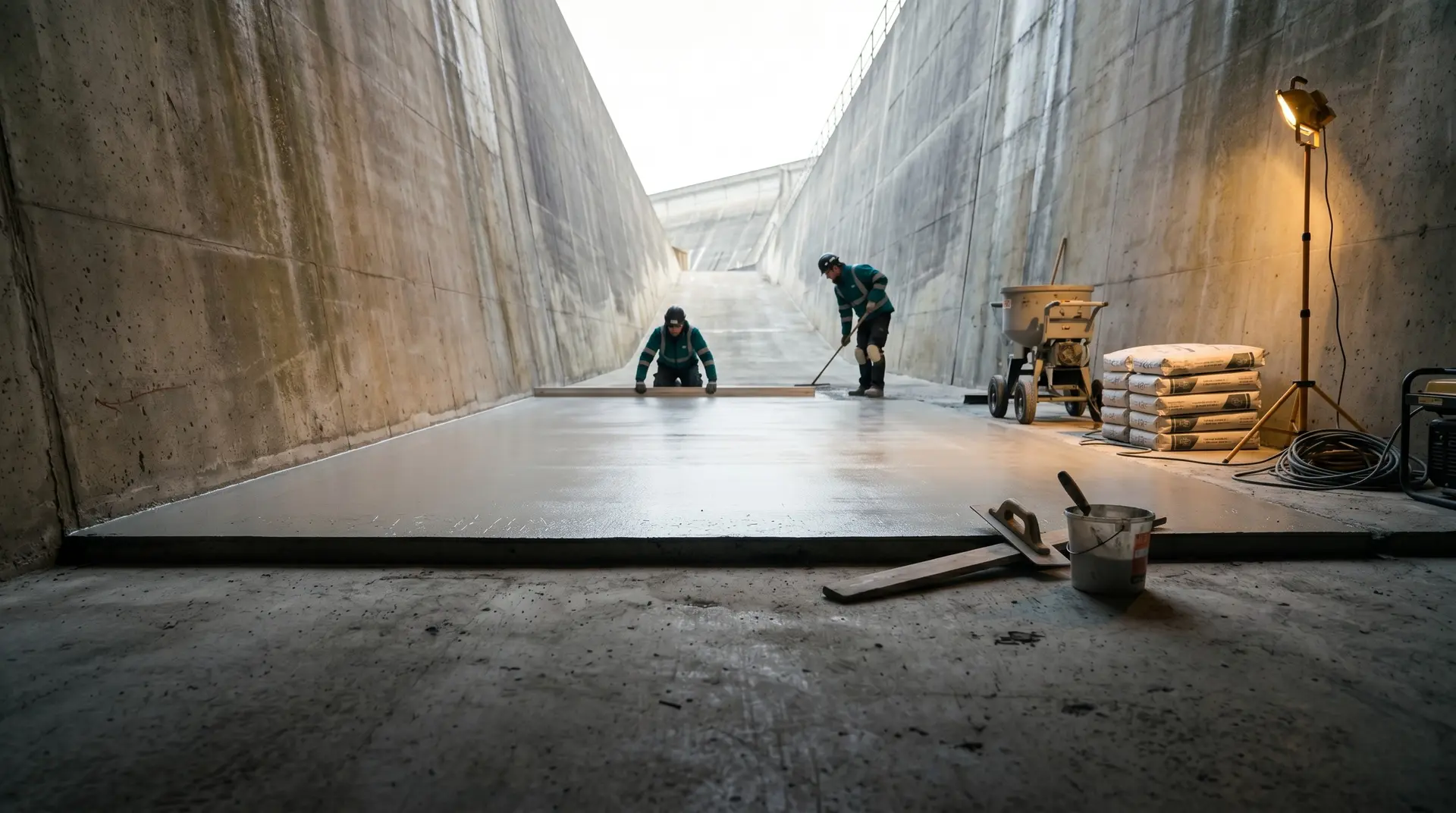 Interior of a hydroelectric dam spillway chute with two workers in teal hi-viz screeding a freshly placed UHPC (ultra-high performance concrete) overlay, portable mixer and bagged materials on site, showing PCCI's UHPC approach for dam rehabilitation.