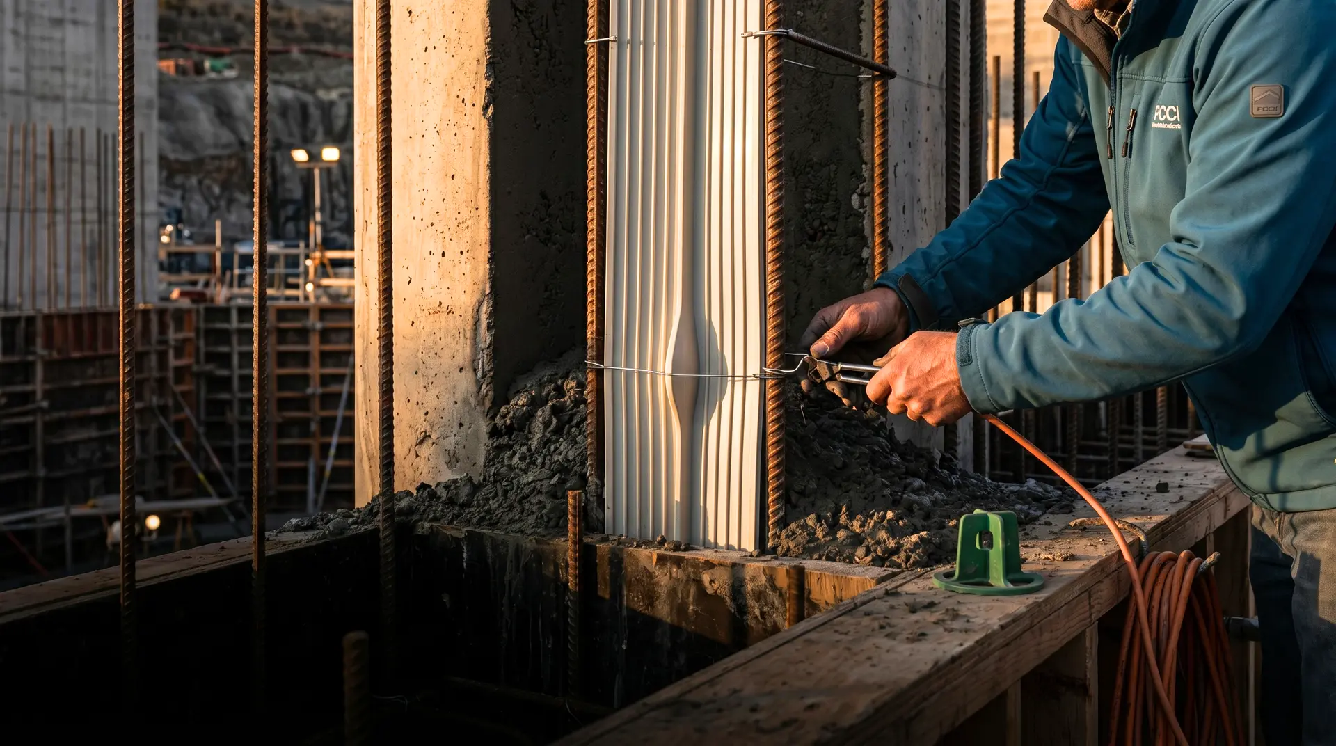 PCCI engineer securing a dumbbell-profile PVC waterstop at a vertical contraction joint between two concrete dam monoliths, with steel reinforcement cages on either side and dam construction formwork visible in the golden-hour background