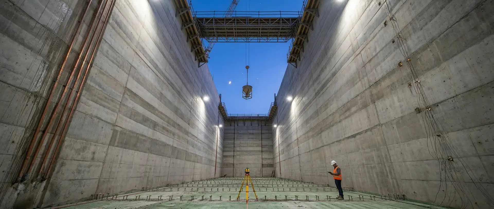 Interior view looking upward through an unfinished concrete gravity dam construction block with towering walls showing dozens of horizontal lift lines from sequential mass concrete placements, a crane bucket descending from the twilight sky, and a lone engineer with surveyor's tripod dwarfed by the monumental scale — PCCI concrete technology consulting spans all six core disciplines across the full project lifecycle: mix design, thermal control, durability engineering, QA/QC systems, construction troubleshooting, and independent review for hydroelectric dam infrastructure exceeding 4,000+ MW